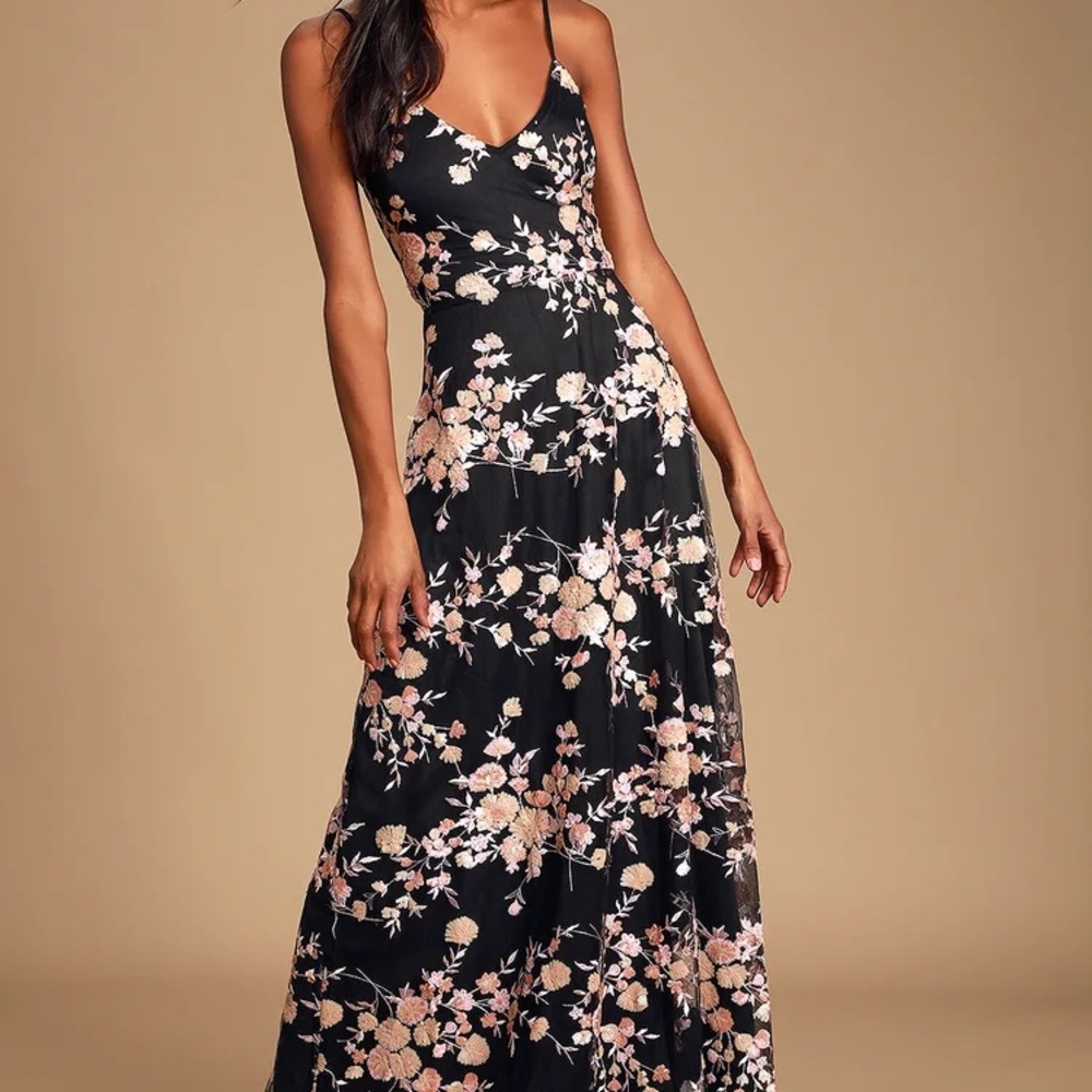 Black and Pink Floral Embroidered Dress